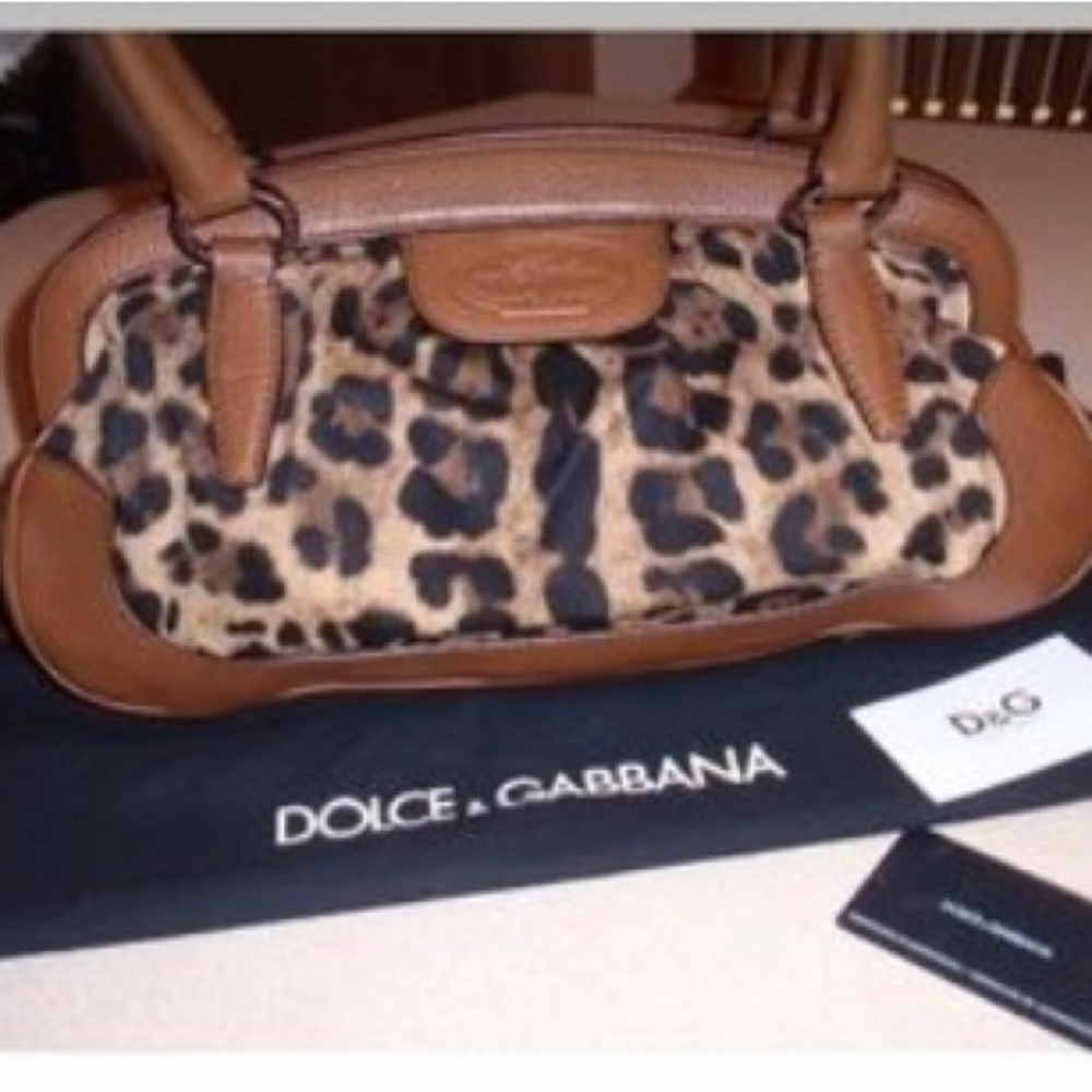 Dolce & Gabbana Brown Borsa Leopard Canvas & Leather Sachel Authentic